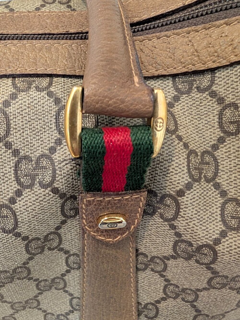 Vintage Gucci GG Monogram Boston Bag Brown Mahogany Web Stripe Top Handle Satche - Picture 4 of 10